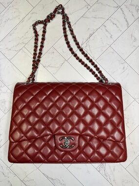 CHANEL Maxi Quilted Double Flap Shoulder Bag in Burgundy